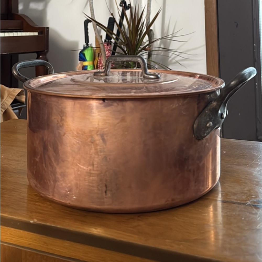 Tin Lined Vintage Fabrication Francaise Copper Stock Pot with Handles